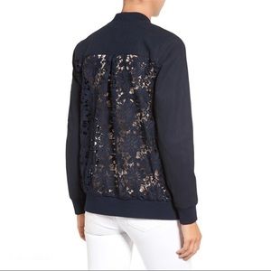 Chelsea28 Navy Blue Lace Back Bomber Jacket